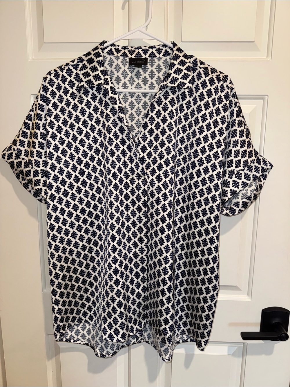 J. Jill Navy and White Printed Short-Sleeve V-Neck Blouse